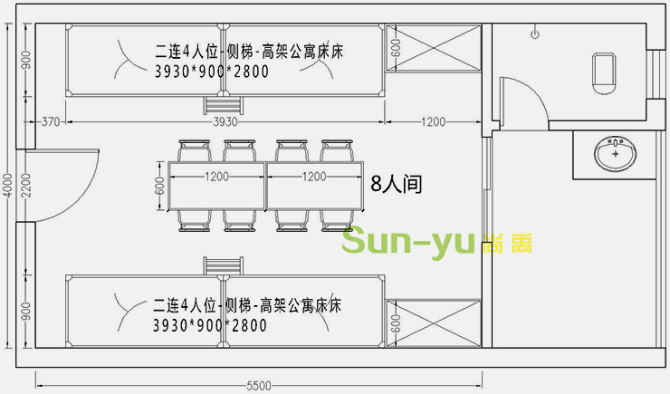 二連4人位-側梯-高架公寓床-8人間平面布局圖